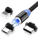  Töltőkábel Wozinsky mágneses USB/Micro-USB/USB Type-C/Lightning 1m LED világítással fekete (WMC-01)